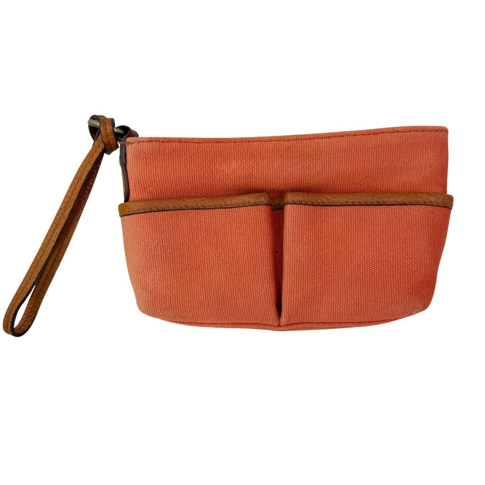 Burberry London Canvas Leather Wristlet Pouch Orange Nova Check Lining